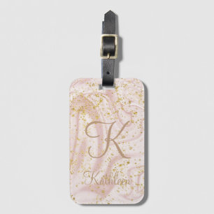 Étiquette À Bagage Marbre rose et blanc tourbillonnant paillettes dor