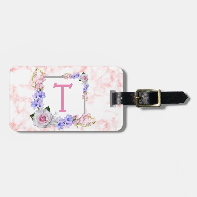 Étiquette À Bagage Marbre rose monogramme (Devant horizontal)
