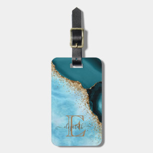 Étiquette À Bagage Marbre turquoise pailleté or élégant