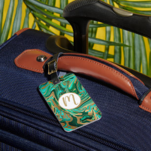 Étiquette À Bagage Marbre vert et or liquide