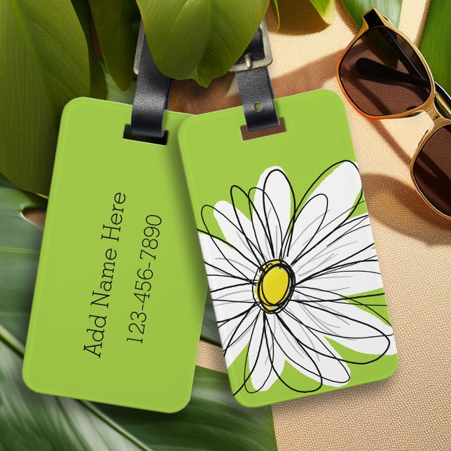 Étiquette À Bagage Marguerite blanche et verte avec texte personnalis (Custom Luggage Tag
)