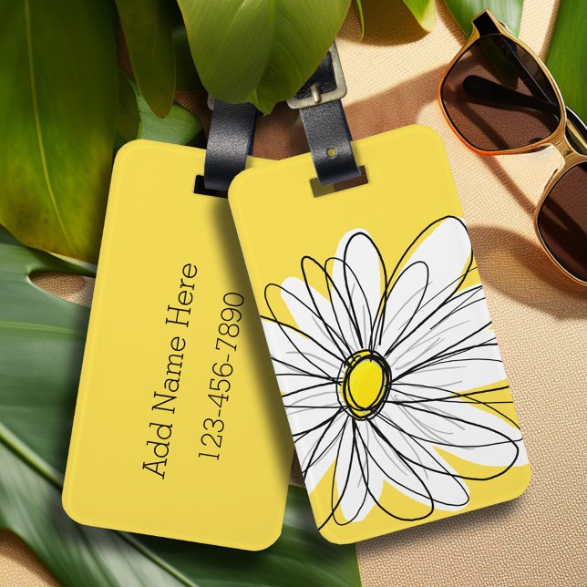 Étiquette À Bagage Marguerite lunaire jaune et blanc avec texte perso (Whimsical daisy personalized luggage tag)