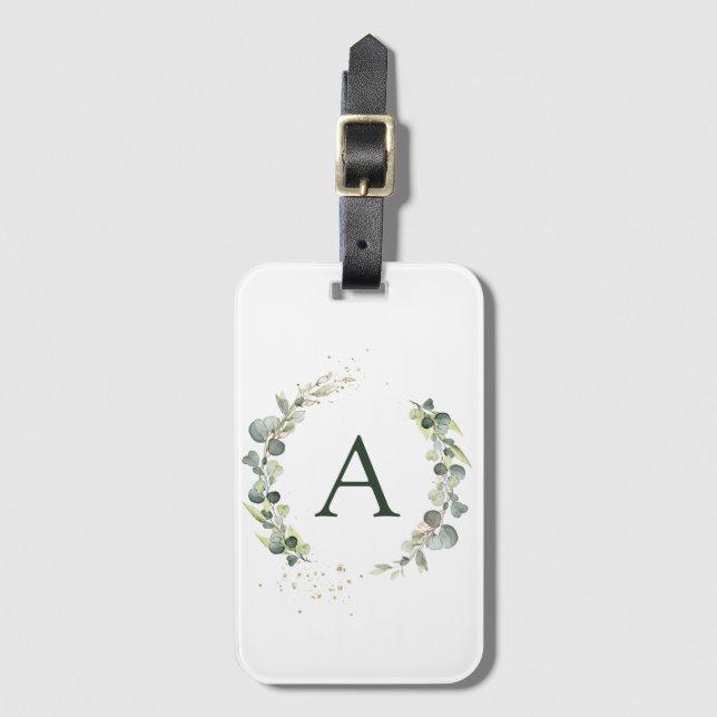 Étiquette À Bagage Mariage à la verdure de monogramme botanique d'euc (Devant Vertical)