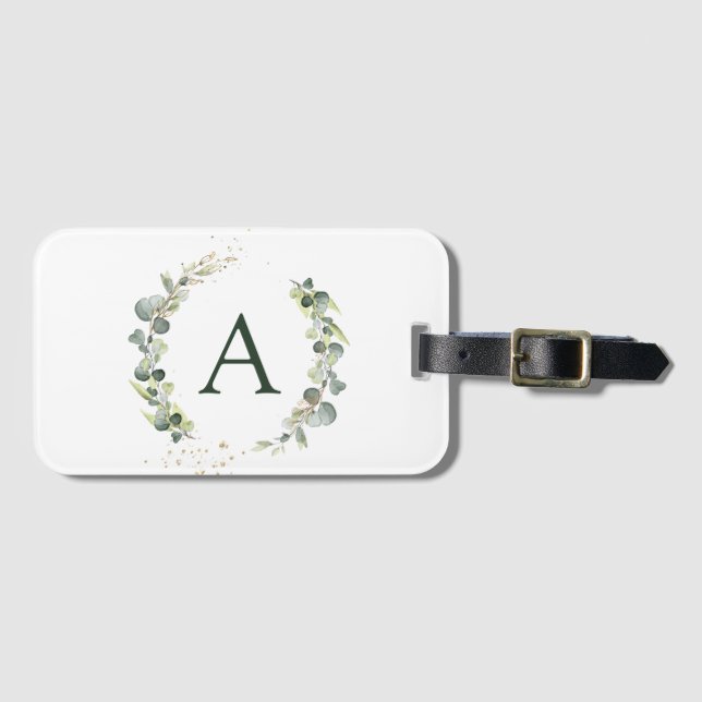 Étiquette À Bagage Mariage à la verdure de monogramme d'eucalyptus bo (Devant Horizontal)