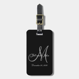 Étiquette À Bagage Mariage de monogramme élégant en gris noir