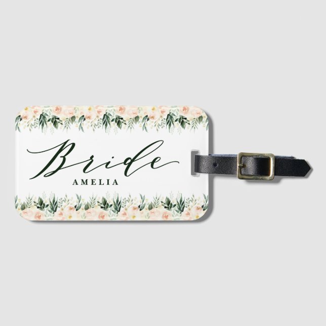 Étiquette À Bagage mariage de pêche floral brun + feuillage personnal (Devant Horizontal)