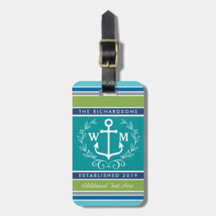 Étiquette À Bagage Mariage Monogram Ancre Laurel Wreath Aqua Stripes