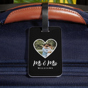 Étiquette À Bagage Mariage Photo Black Heart Frame Moderne Calligraph