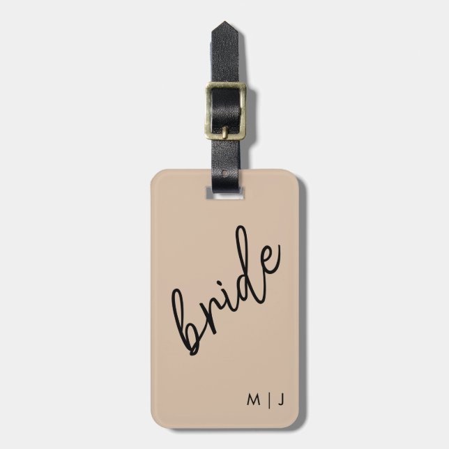 Étiquette À Bagage Mariée moderne | Beige + noir (Devant Vertical)