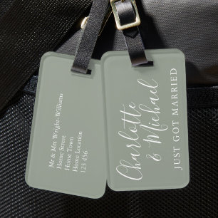 Étiquette À Bagage Mariés à peine vêtus Argent Sage Signature