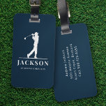 Étiquette À Bagage Marine bleu Personnalisé Monogramme Golfer<br><div class="desc">Ce design est composé d'un golfeur qui balance un club et de deux champs de texte que vous pouvez utiliser pour le personnaliser - peut-être avec un nom et une équipe de golf ou un club.</div>