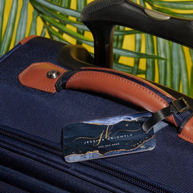 Étiquette À Bagage Marine Blue Agate Geode Gold Parties scintillant M (Verso Insitu 1)