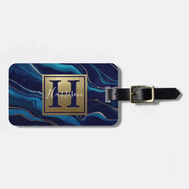 Étiquette À Bagage Marine Blue Agate Marbre Gold Nom et Monogramme (Devant horizontal)