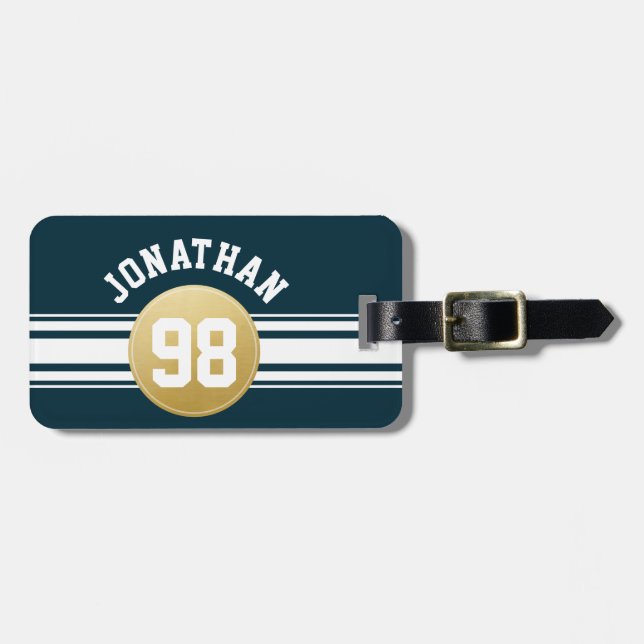 Étiquette À Bagage Marine Blue and Gold Sports Jersey Stripes Nom (Devant horizontal)