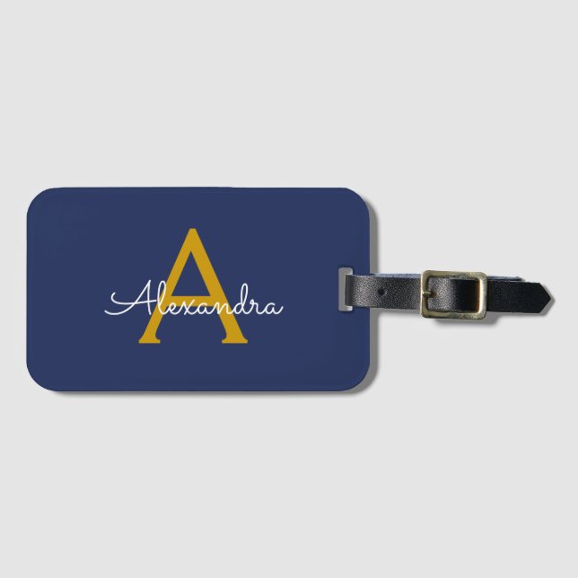 Étiquette À Bagage Marine Blue Gold Girl Script Monogramme Nom Modern (Devant Horizontal)