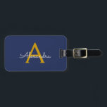 Étiquette À Bagage Marine Blue Gold Girl Script Monogramme Nom Modern<br><div class="desc">Navy Blue and Gold Monogram Ajouter votre propre nom Script Bagage sac étiquette Le sac fait le cadeau parfait pour 16 ans,  mariage,  douche nuptiale,  baby shower ou bachelorette cadeau pour quelqu'un décorant sa chambre dans le style.</div>