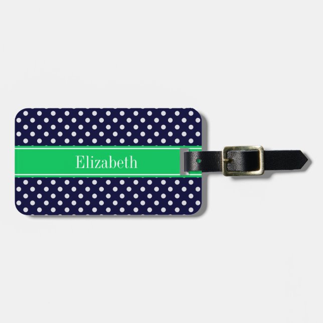Étiquette À Bagage Marine Blue Wt Polka Dot Emerald Nom vert Monogram (Devant horizontal)