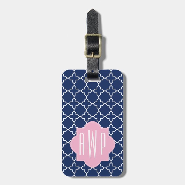 Étiquette À Bagage Marine Quatrefoil et monogramme rose (Devant Vertical)