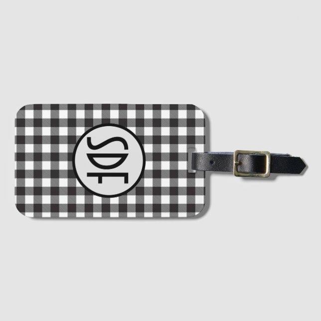 Étiquette À Bagage Marque de monogramme à carreaux noir et blanc Buff (Devant Horizontal)