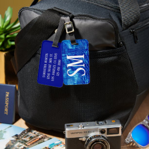 Étiquette À Bagage Marque Monogramme Cuir Faux Bleu Royal