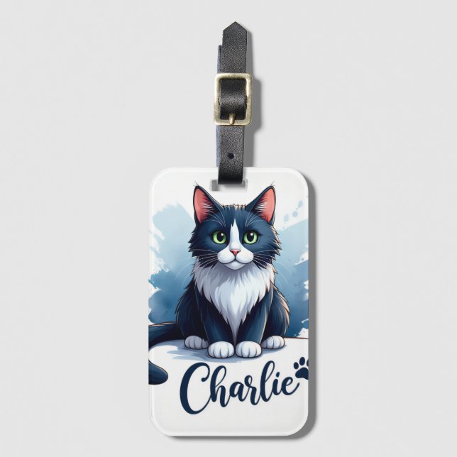 Étiquette À Bagage Marque-page de bagage avec illustration de chat mi (Devant Vertical)