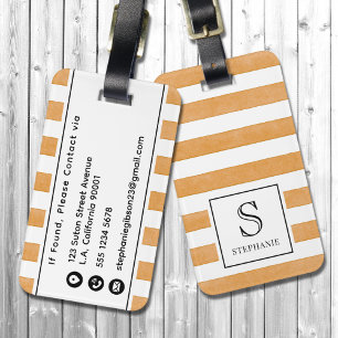Étiquette À Bagage Marque-page monogramme à rayures aquarelles orange