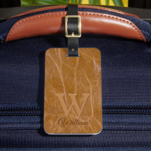 Étiquette À Bagage Marron chêne moyen texture cuir vache monogrammé