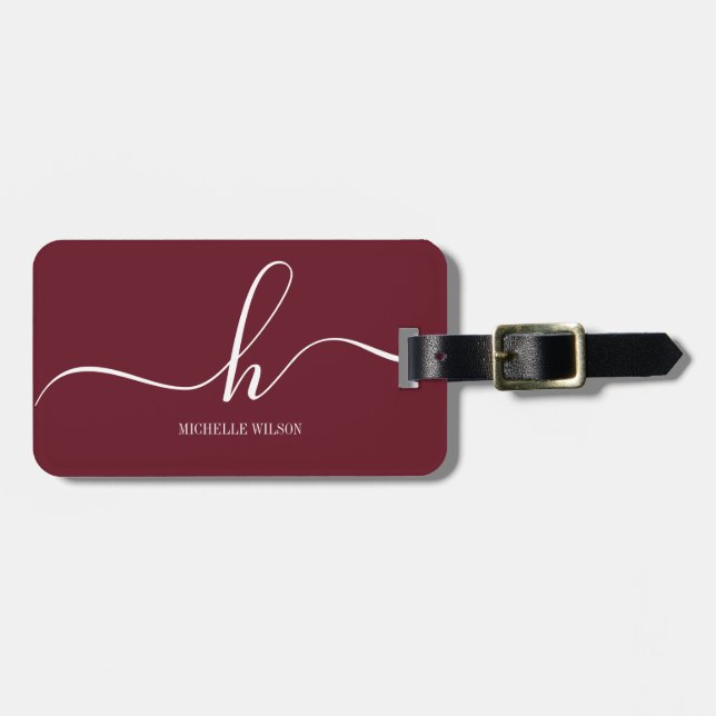 Étiquette À Bagage Marron et rose chaud Blanc Nom de script initial  (Devant horizontal)