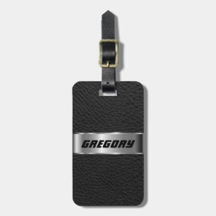 Étiquette À Bagage Masculine Black Faux Cuir & Argent Look 3