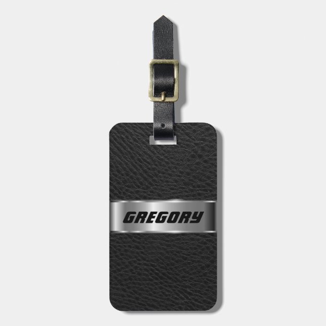 Étiquette À Bagage Masculine Black Faux Cuir & Argent Look 3 (Devant Vertical)