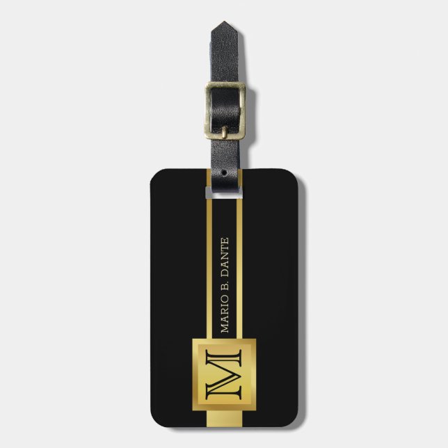 Étiquette À Bagage Masculine Executive Noir & Argent Métal monogramme (Devant Vertical)