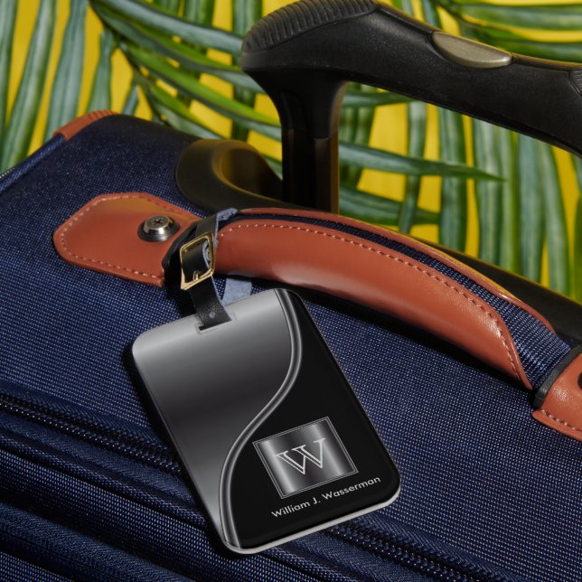 Étiquette À Bagage Masculine Monogramme Style Faux Noir Acier (Insitu Rectoal 1)