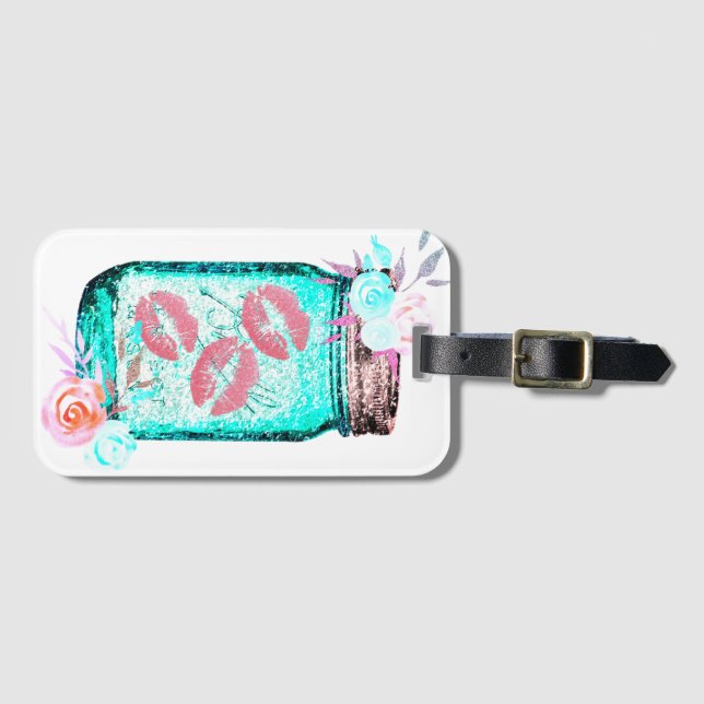 Étiquette À Bagage Mason jarre papillon baiser floral rose turquoise (Devant Horizontal)