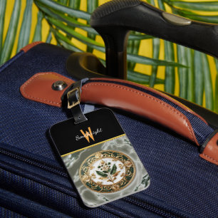 Étiquette À Bagage Médaillon floral doré sur marbre