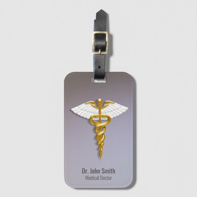 Étiquette À Bagage Médicale Elegant Gold Caduceus ailes blanches (Devant Vertical)