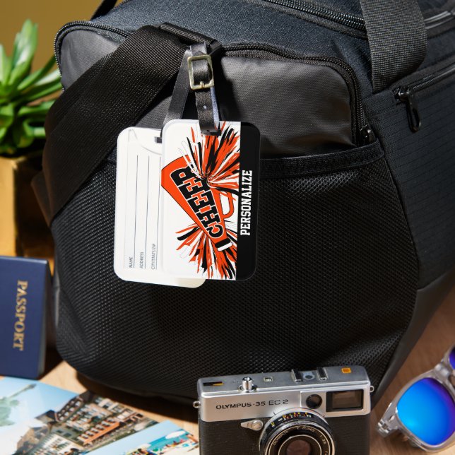 Étiquette À Bagage Mégaphone orange, blanc et noir Pom-pom girl (Recto & Verso)