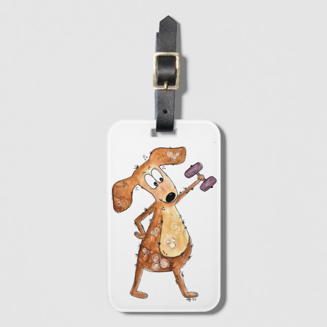Étiquette À Bagage Mélange Whimsical Brown Chien Poids de levage (Devant Vertical)