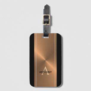 Étiquette À Bagage Mens Elegant Noir Or Bronze Monogramme Nom