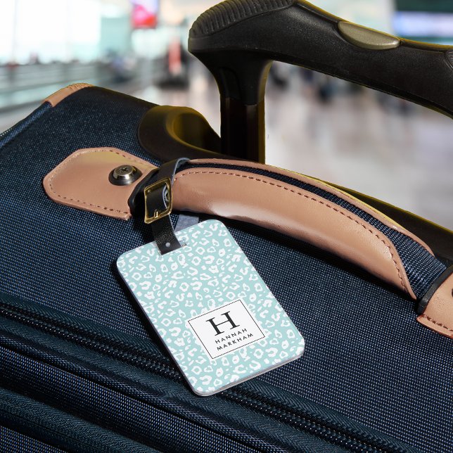 Étiquette À Bagage Menthe | Monogramme Empreinte de léopard pastel (Créateur téléchargé)
