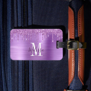 Étiquette À Bagage Métal à Parties scintillant violet monogramme