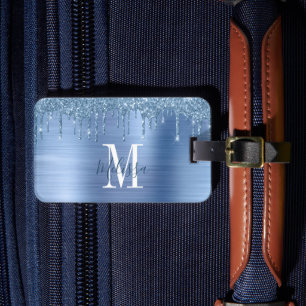 Étiquette À Bagage Métal Brossé avec Gouttes de Paillettes Bleues et 