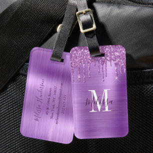 Étiquette À Bagage Métal Brossé avec Gouttes de Paillettes Violettes 