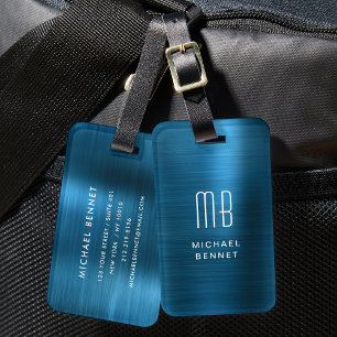 Étiquette À Bagage Métal Brosse Faux Bleu Monogrammé