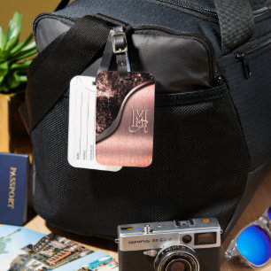 Étiquette À Bagage Métal brossé rose et monogramme en pierre métalliq