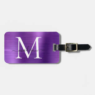 Étiquette À Bagage Métal brossé violet foncé Script Monogramme mou