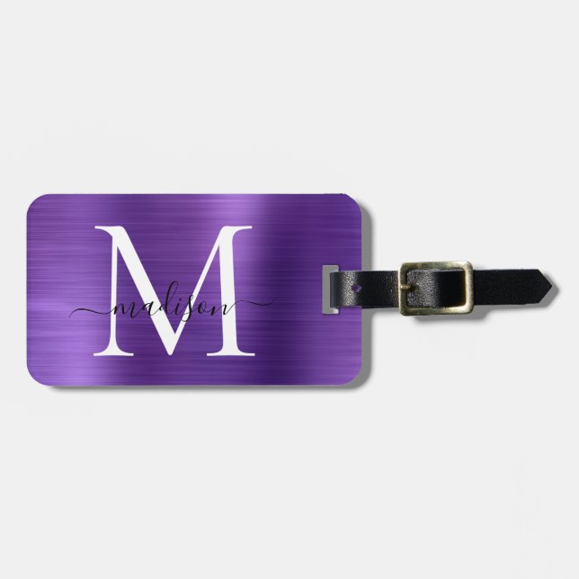 Étiquette À Bagage Métal brossé violet foncé Script Monogramme mou (Devant horizontal)