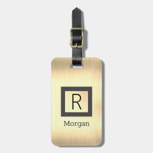 Étiquette À Bagage Métal doré, nom noir & monogramme, boîte noire