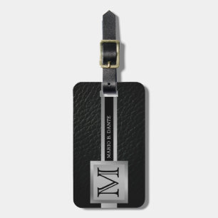 Étiquette À Bagage Métal en cuir noir et argent de bureau monogrammé