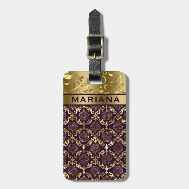 Étiquette À Bagage Métallurgique Violet Et Or Damas Et Fils (Devant Vertical)
