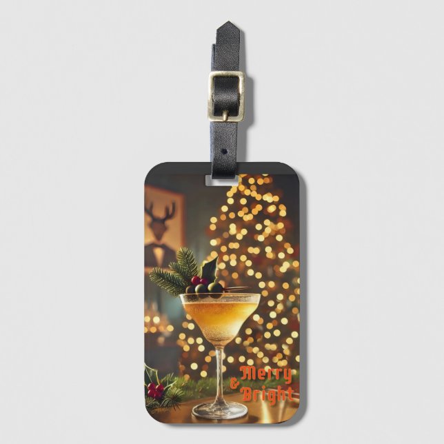 Étiquette À Bagage Mi-Siècle Noël Joyeux & Cocktail lumineux (Devant Vertical)